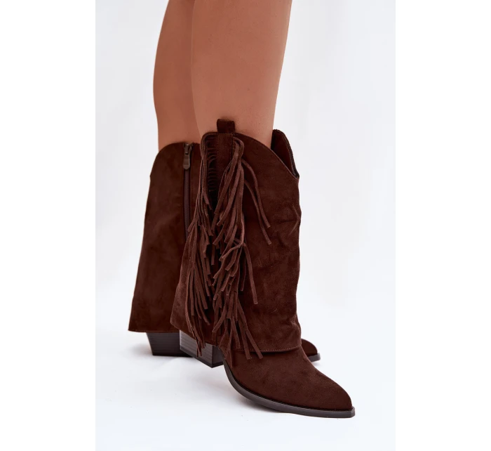 Dámské kotníkové kozačky – kovbojky se třásněmi na sloupku Gralina – čokoládové