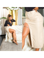 Sexy Highwaist Leather Look Midi Skirt with Leg Slit