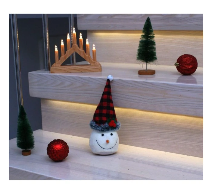 DEKORATIVNÍ SNĚHULÁK 20CM S ČERVENOČERNOU KOSTKOVANOU ČEPICÍ DEKORATIVNÍ SNĚHULÁK 20CM S ČERVENOČERNOU KOSTKOVANOU ČEPICÍ