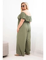 Dámský overal Plus Size s volánem a krátkým rukávem khaki