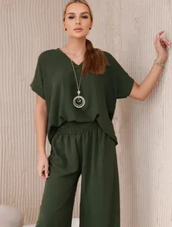 Komplet s náhrdelníkem halenka + kalhoty khaki