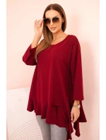 Dámská blůza Plus Size s bavlnou, volánem a ohrnovacími rukávy bordová