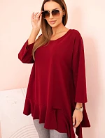 Dámská blůza Plus Size s bavlnou, volánem a ohrnovacími rukávy bordová