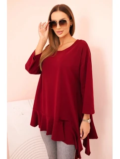 Dámská blůza Plus Size s bavlnou, volánem a ohrnovacími rukávy bordová