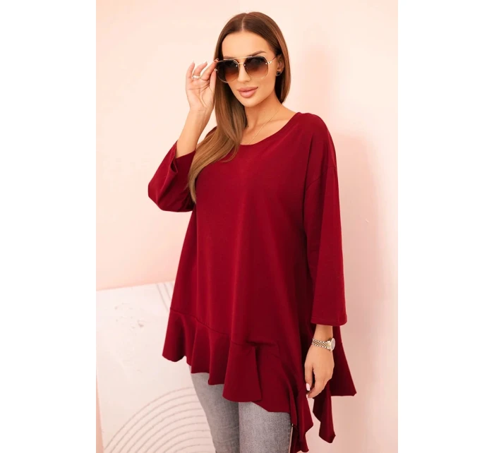 Dámská blůza Plus Size s bavlnou, volánem a ohrnovacími rukávy bordová