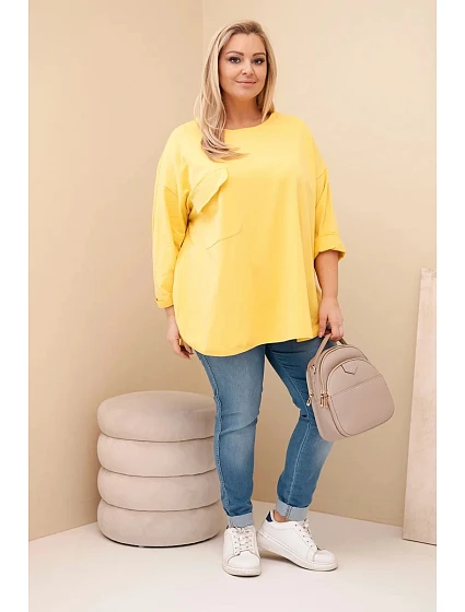 Dámská blůza Plus Size s bavlnou, kapsou a ohrnovacími rukávy žlutá Dámská blůza Plus Size s bavlnou, kapsou a ohrnovacími rukávy žlutá