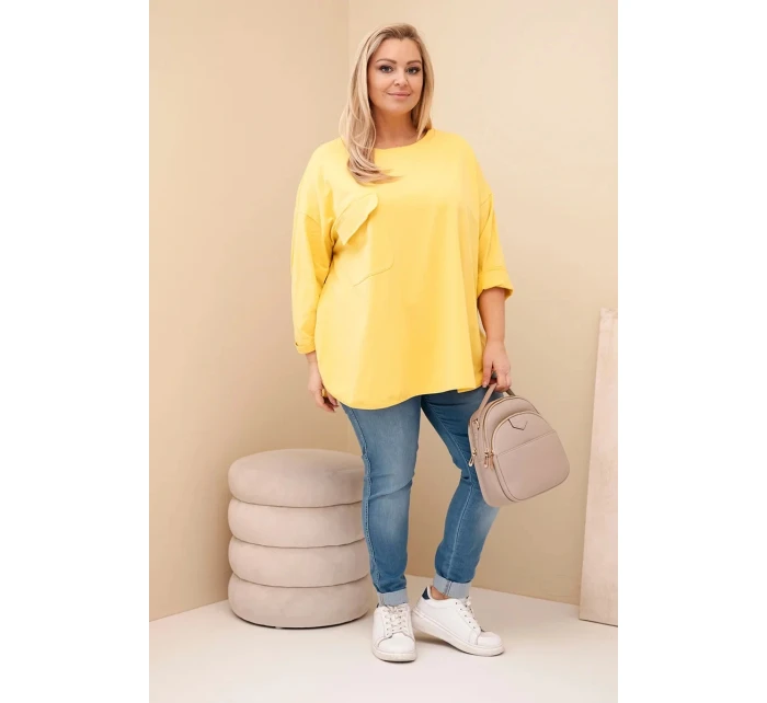 Dámská blůza Plus Size s bavlnou, kapsou a ohrnovacími rukávy žlutá