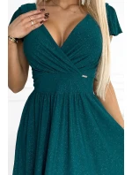 425-6 MATILDE Šaty s výstřihem a krátkými rukávy - ZELENÉ se třpytkami