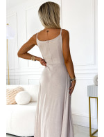 CHIARA - Elegantní béžové dlouhé dámské maxi šaty na ramínkách s brokátem 299-15