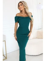 644-1 Smyslné španělské šaty midi s mašlí ve výstřihu - lahvově zelené 644-1 Smyslné španělské šaty midi s mašlí ve výstřihu - lahvově zelené