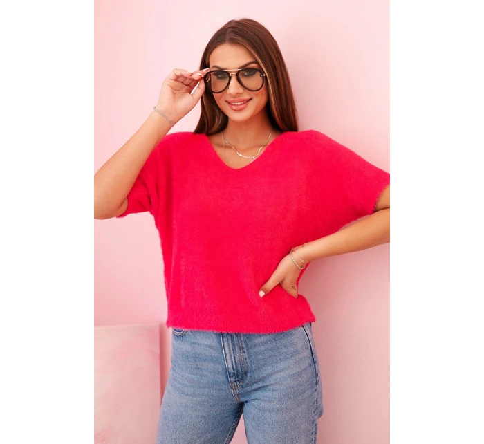 Dámský svetr z měkkého model 21291593 s V výstřihem krátký rukáv fuchsie - K-Fashion Dámský svetr z měkkého model 21291593 s V výstřihem krátký rukáv fuchsie - K-Fashion