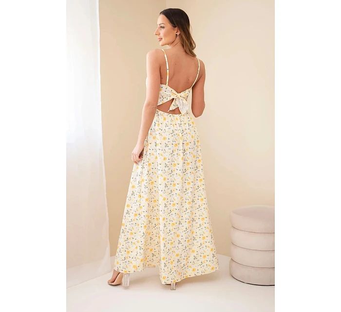 Dámské maxi šaty s květinovým vzorem na ramínkách se zavazováním na zádech žlutá