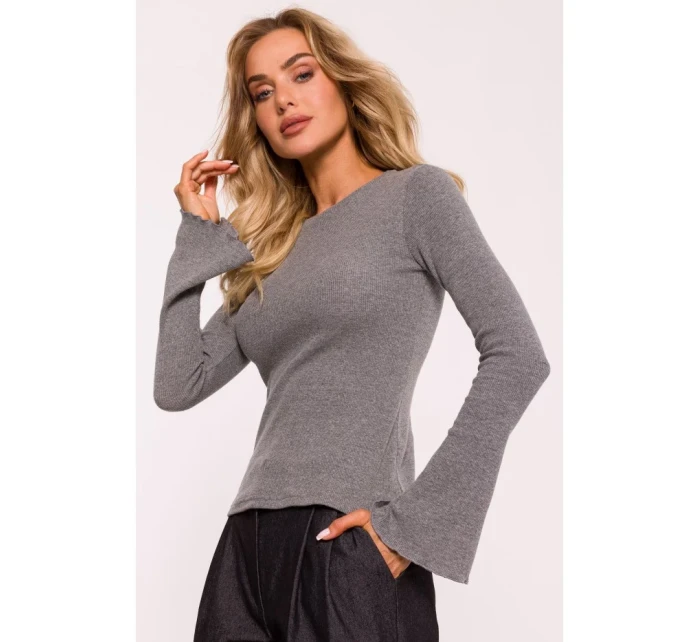 model 20476112 Žebrovaný top s dlouhými rukávy šedý melír - Moe