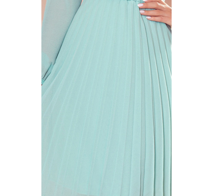 ISABELLE - Dámské plisované šaty v mátové barvě s výstřihem a dlouhými rukávy 313-12