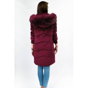 Manšestrová dámská zimní bunda ve vínové bordó barvě s kapucí (7764)
