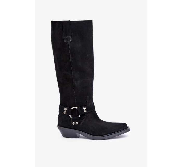 Semišové Kozačky Kovbojky Na Nízkém Podpatku S Dekorací model 21680168 Černé - Zazoo