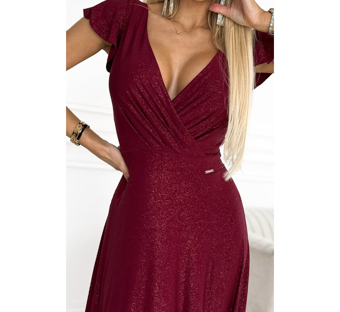 CRYSTAL - Dlouhé lesklé dámské šaty ve vínové bordó barvě s výstřihem 411-8