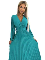 Dámské plisované midi šaty v mořské barvě s výstřihem, dlouhými rukávy a širokým opaskem model 22077536 - numoco basic Dámské plisované midi šaty v mořské barvě s výstřihem, dlouhými rukávy a širokým opaskem model 22077536 - numoco basic