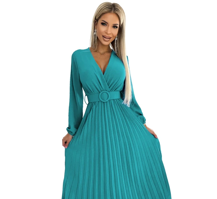 Dámské plisované midi šaty v mořské barvě s výstřihem, dlouhými rukávy a širokým opaskem model 22077536 - numoco basic Dámské plisované midi šaty v mořské barvě s výstřihem, dlouhými rukávy a širokým opaskem model 22077536 - numoco basic