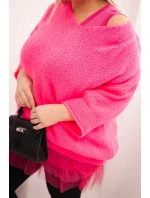 Dámská souprava svetr s výstřihem do V a viskózová blůza s krajkovým spodním lemem růžový neon Dámská souprava svetr s výstřihem do V a viskózová blůza s krajkovým spodním lemem růžový neon