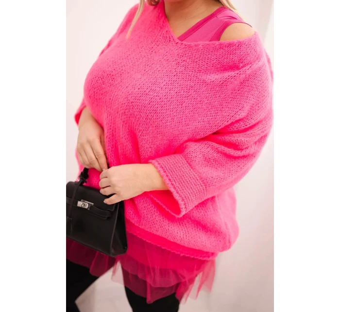 Dámská souprava svetr s výstřihem do V a viskózová blůza s krajkovým spodním lemem růžový neon Dámská souprava svetr s výstřihem do V a viskózová blůza s krajkovým spodním lemem růžový neon