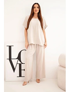 Dámský komplet Plus Size halenka a kalhoty se širokými nohavicemi béžová
