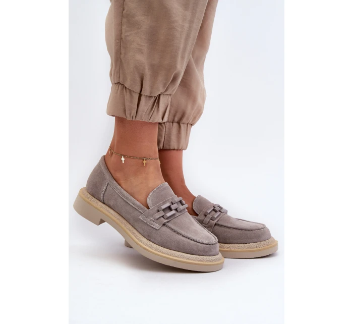 Dámské semišové mokasíny na plochém podpatku s ozdobou D&A TW101 Šedé