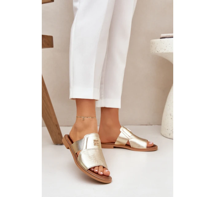 Elegantní Pantofle Z Přírodní Kůže Na Plochém Podpatku model 21684082 Zlaté - Zazoo