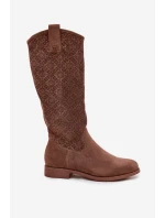 Dámské Kozačky S Vzorem Na Ploché Podpatku S  Hnědé model 21713460 - S.Barski