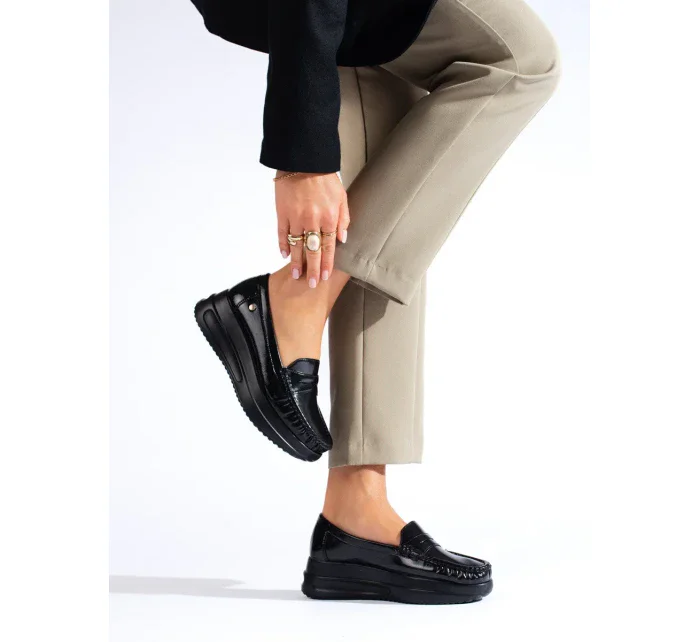 Designové  mokasíny dámské černé platforma