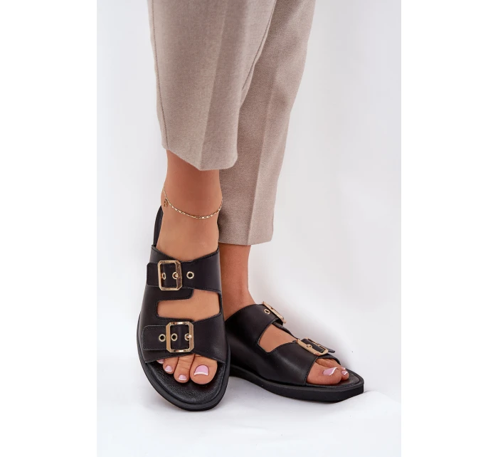 Kožené Ploché Pantofle S Přezkami Zazoo 3020 Černé