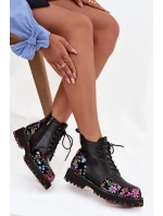 Kožené dámské kotníkové boty s květinami zateplené Artiker 57C0180 Černé