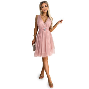 OLGA - Dámské tylové šaty ve špinavě růžové barvě s výstřihem a ozdobnou přezkou 525-2
