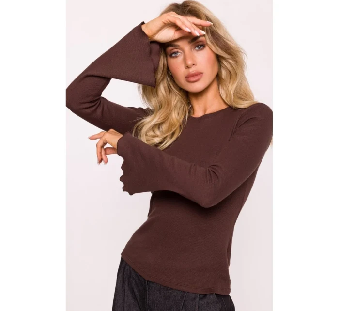 model 20476100 Žebrovaný top s dlouhými rukávy hnědý - Moe