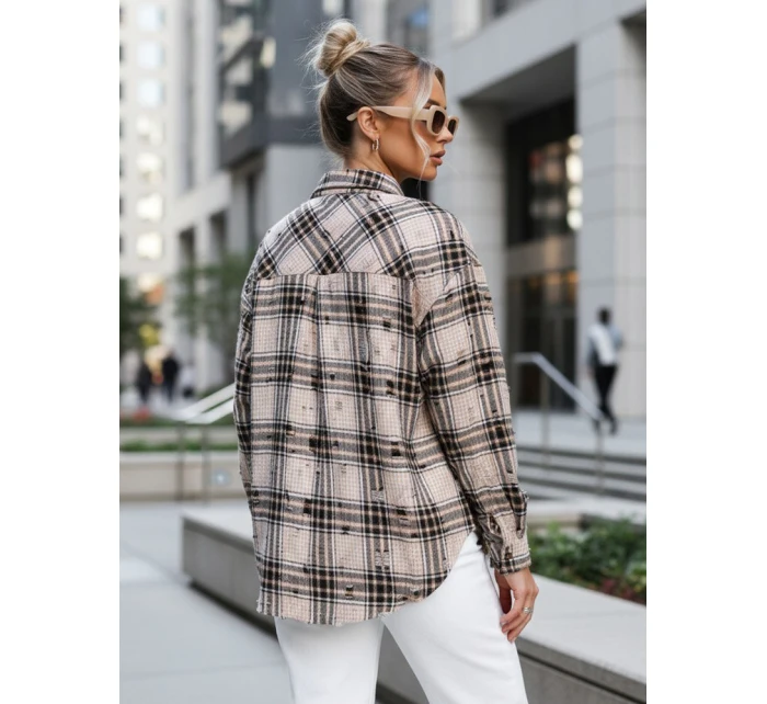 Koszula w kratę damska z przetarciami beżowa FashionStreet DY0485
