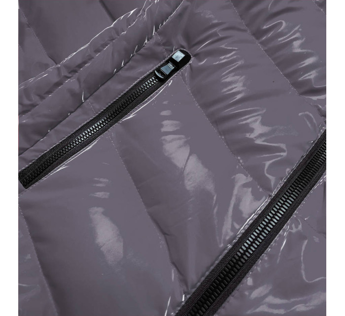 Lesklá šedá dámská bunda s ozdobnou podšívkou (XW810X)