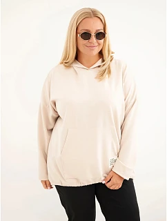 Dámská mikina Plus Size z viskózy s kapucí a klokánkou kapsou béžová