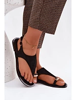 Dámské sandály Ploché se zlatým detailem Eko semiš Černé Jelviane