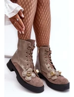 Módní dámské kotníkové boty na zip s ozdobami D&A šedohnědá Módní dámské kotníkové boty na zip s ozdobami D&A šedohnědá