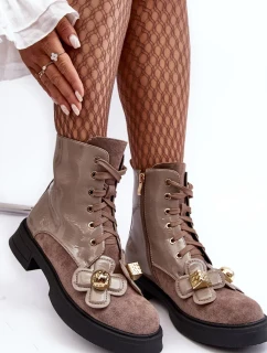 Módní dámské kotníkové boty na zip s ozdobami D&A šedohnědá