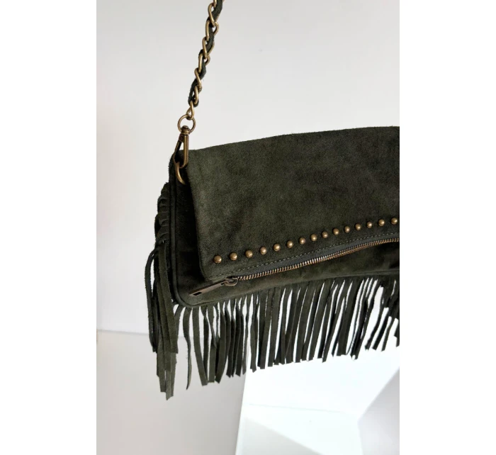 Dámská semišová kabelka s třásněmi na řetízku Narella – tmavě zelená