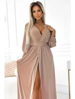 Dlouhé béžové dámské šaty se širokým opaskem a výstřihem model 21876183 - numoco basic