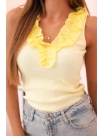 Dámská halenka bez rukávů s volánem u výstřihu pruhovaná žlutá