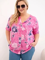 Dámská bavlněná halenka s květinovým vzorem plus size růžová