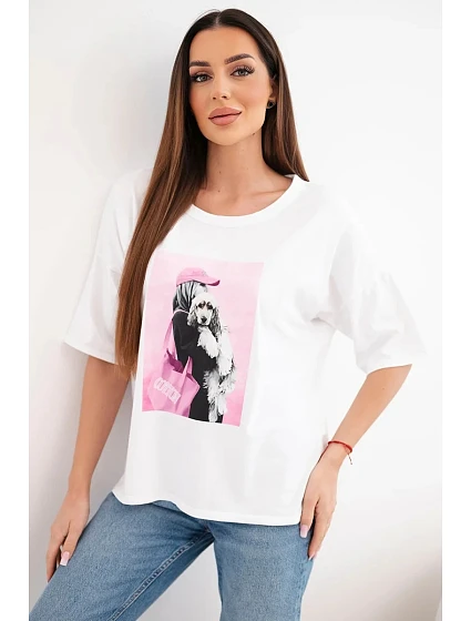 Dámská bavlněná oversize halenka s krátkým rukávem a módním potiskem bílá