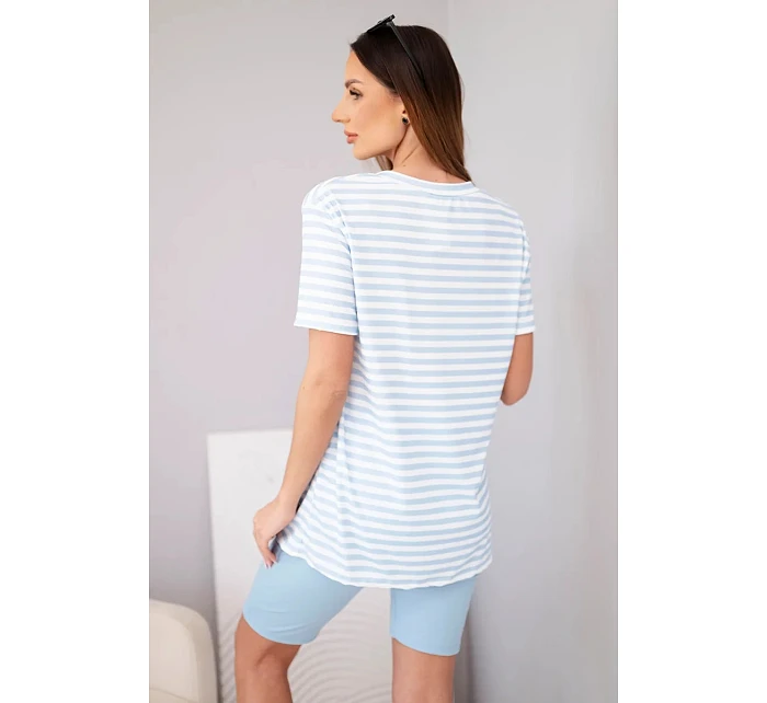 Dámský viskózový pruhovaný komplet s krátkým rukávem a kraťasy modrý