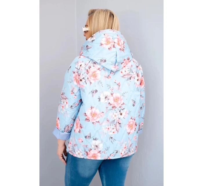 Dámská jarní prošívaná bunda Plus Size s kapucí a květinovým vzorem modrá