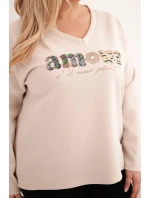Dámská mikina Plus Size s nápisem a výstřihem do V béžová