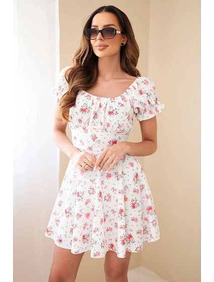 Dámské květinové šaty s model 22212466 rukávem a elastickým pasem bílá - K-Fashion