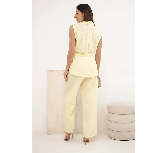 Dámský komplet s vázanou halenkou a širokými kalhotami žlutý